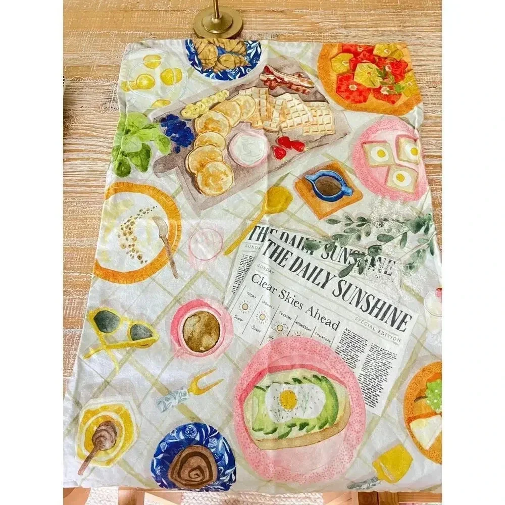 Anthropologie Tea Dish towel brunch avocado toast newspaper breakfast table